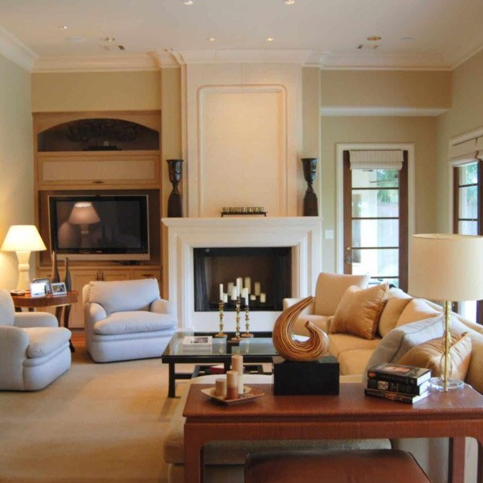 Family room interior design with beige sofa
