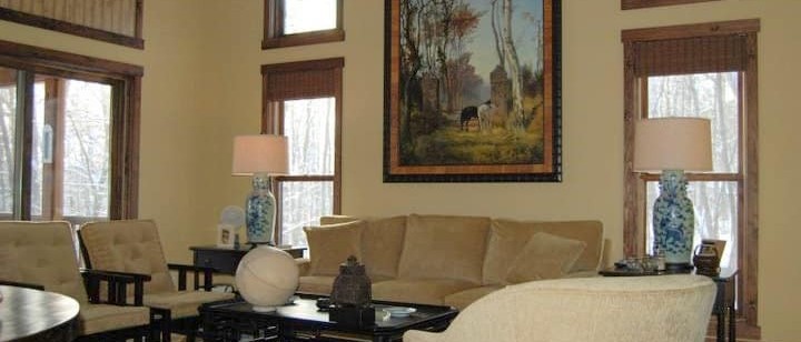 Family room interior design with beige furniture