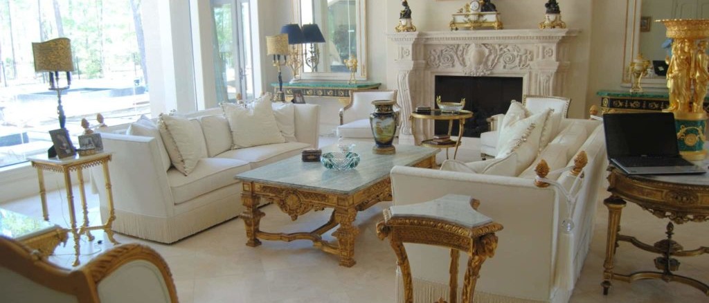 Elegant living room interior design with golden furniture