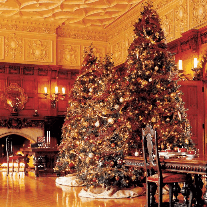 Two large Christmas trees in an extravagant dining area