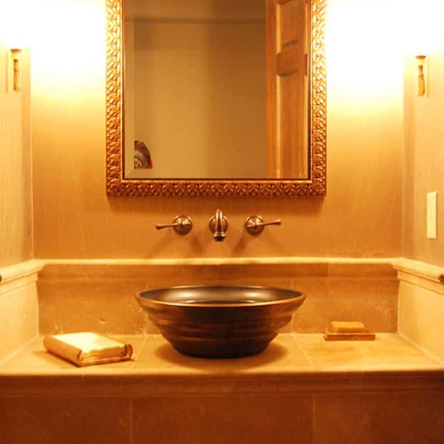 Interior bathroom design with bright wall lighting
