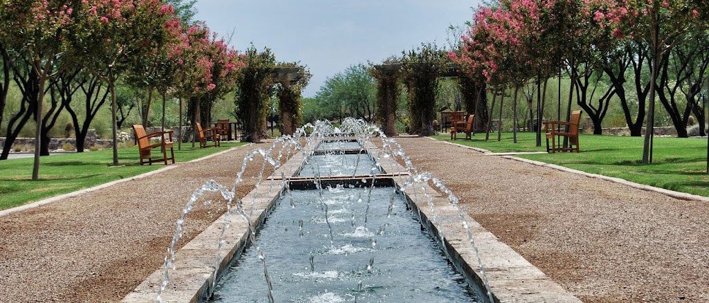 City park landscaping with water fountains