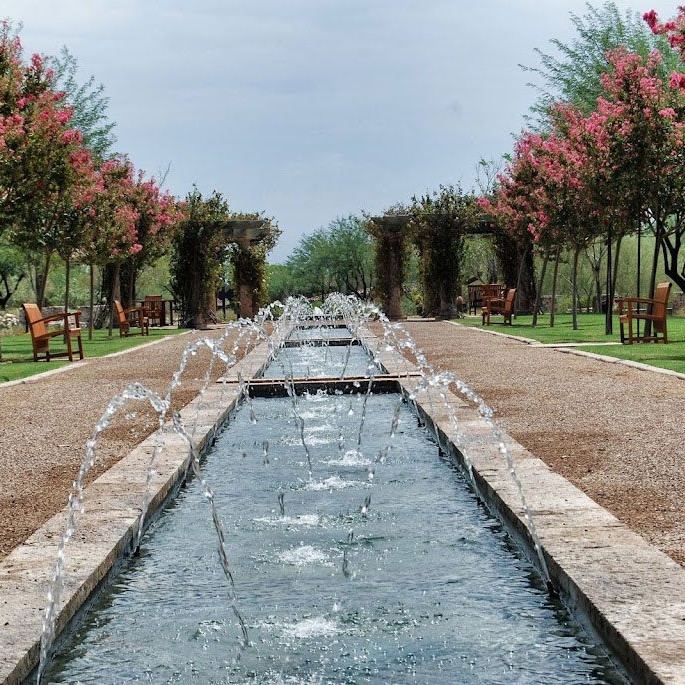 City park landscaping with water fountains