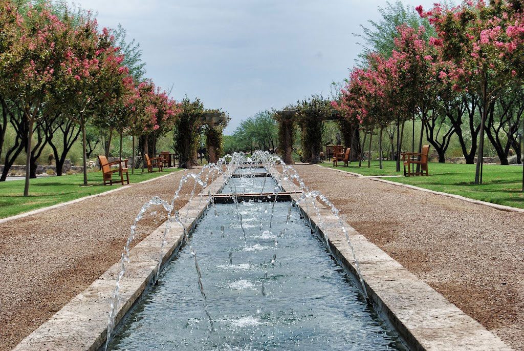 City park landscaping with water fountains