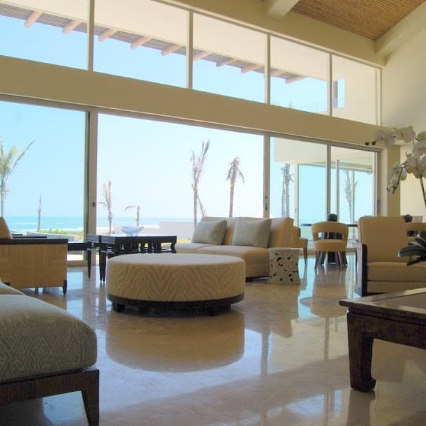 Beautiful waiting area design with a bright blue pool in the background