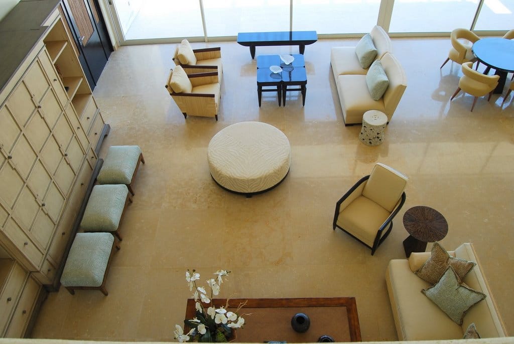 Aerial view of a waiting area's interior design