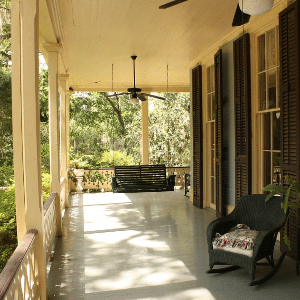 Outdoor patio interior design surrounded by plants