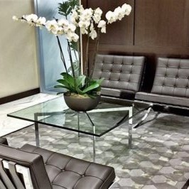 Waiting area interior design with large potted flowers