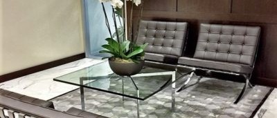 Waiting area interior design with large potted flowers