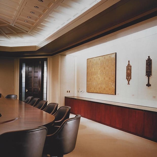 Conference room interior design with various wood tones