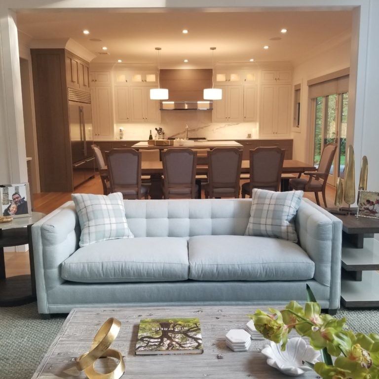 Powder blue sofa as part of a Hamptons, NY, interior design
